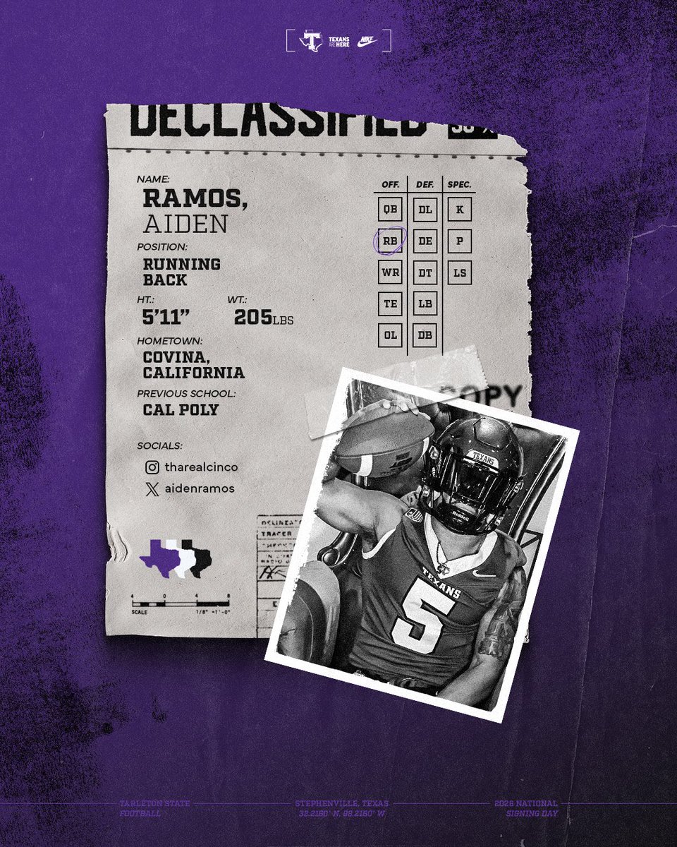 TarletonFB's tweet photo. Aiden Ramos has played three collegiate years, debuting two seasons at Cal Poly before spending last year at Mt. San Antonio College. 

Last season, he rushed for 847 yards and 19 touchdowns on 150 carries, averaging 84.7 yards per game and 5.6 yards per rush. He scored a touchdown in nine of 10 games played, including six multi-TD performances and four three-touchdown games. Ramos was named the Offensive Player of the Year in the National Northern Conference.

https://t.co/tLVSM9r8S6