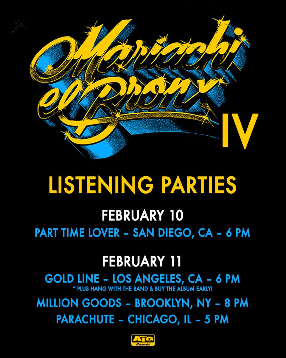 What’s up, homies! We’re throwing a couple FREE Mariachi El Bronx IV listening parties next week 🥃🎺

Come through, hear the record early, and stick around for a chance to win a Test Pressing Vinyl!