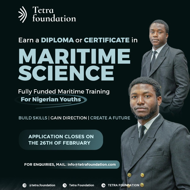 tetrafdn's tweet photo. We are now receiving applications for the Tetra Foundation Seafarers Program!

Successful applicants stand a chance to commence a life-changing educational journey under the full sponsorship of the Tetra Foundation.