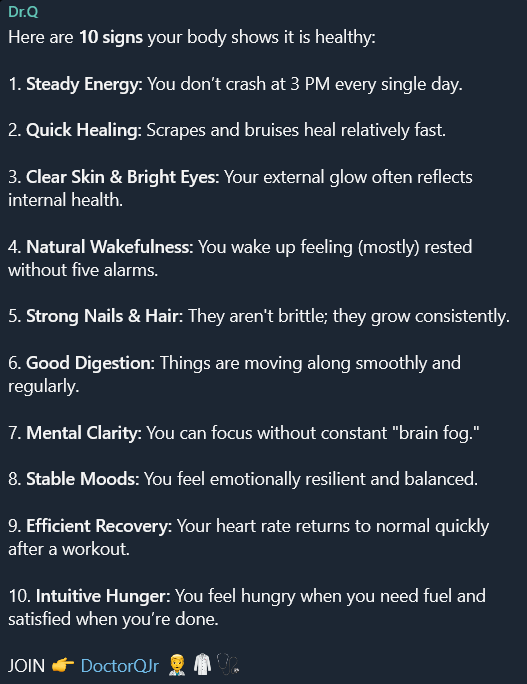 10 signs your body shows it is healthy:

JOIN 👉 <a href="/DoctorQJr/">DoctorQJr</a>  👨‍⚕️🥼🩺