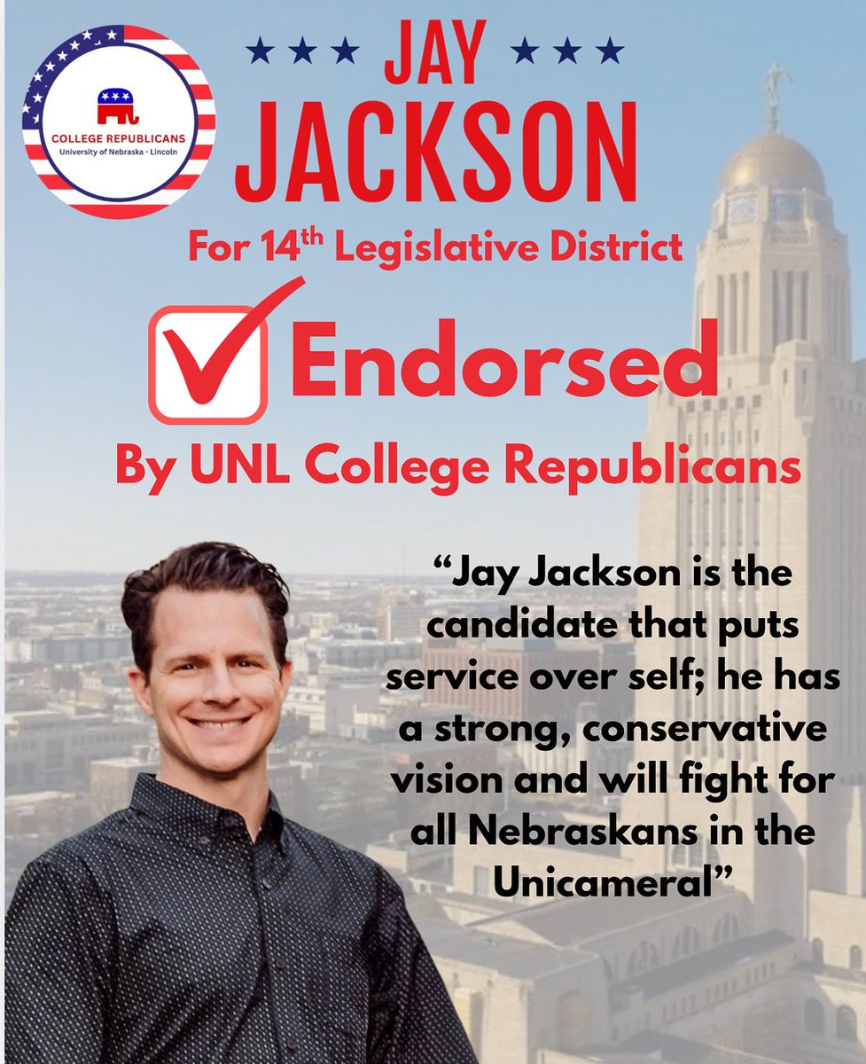 We are excited to announce that we are endorsing <a href="/jaycjackson/">Jay Jackson 🇺🇸🌽</a> for Nebraskas 14th Senate District! Jay is a proven fighter and will continue to be so in the State Legislature. Vote Jay!