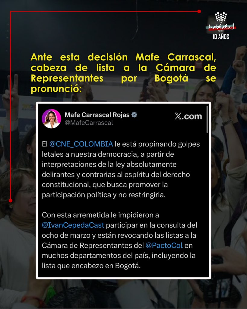🚨🗳️El CNE anuló la lista a la Cámara de Representantes por Bogotá del Pacto Histórico. 

Según el CNE el porcentaje supera los topes válidos para conformar una coalición y presentarse a los comicios electorales.

⚠️Sin embargo, esto se suma a la anulación de la participación de