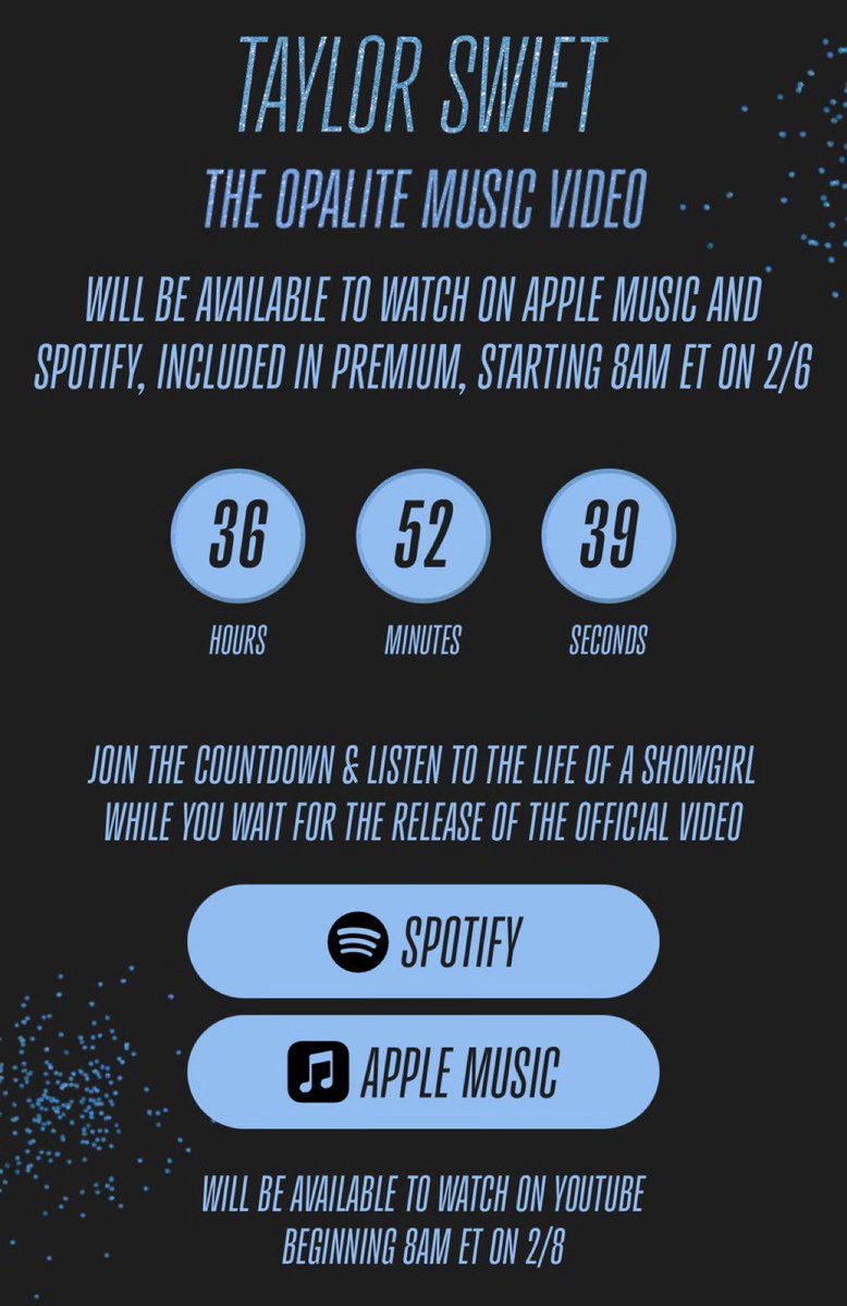 🚨| ‘Opalite’ music video will be available on Spotify and Apple Music THIS FRIDAY 8AM ET!!!!!