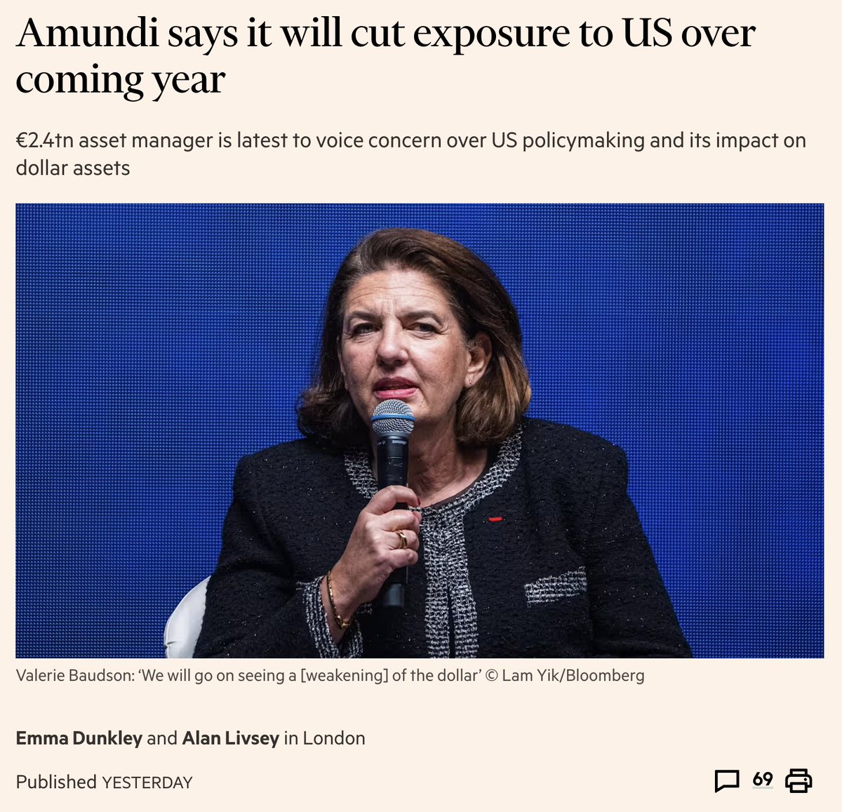 Amundi, Europe's largest asset manager with $2.4 Trillion in AUM, will reduce exposure to the U.S. over the next 12 months 🚨🚨