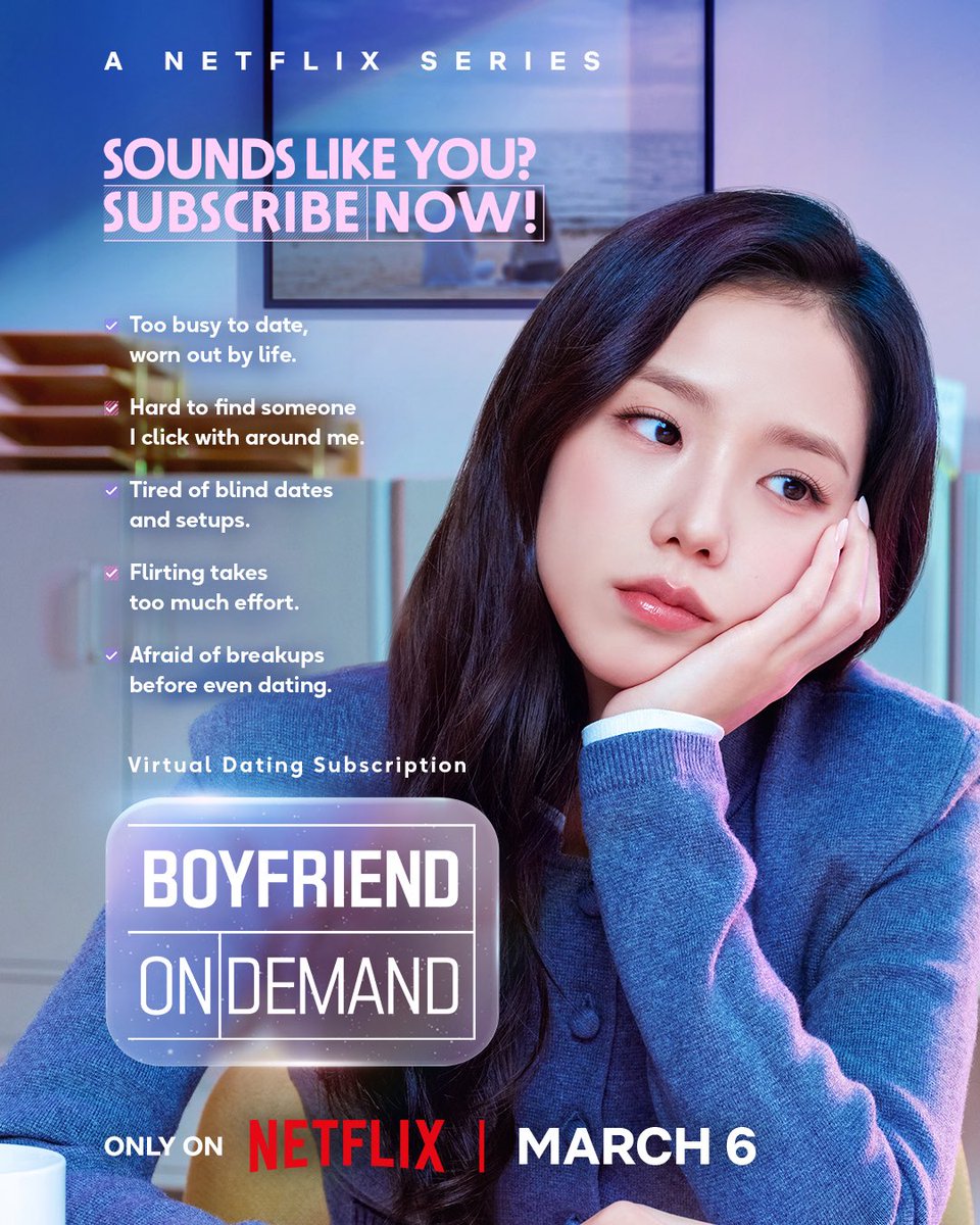 JISOO ON BOYFRIEND ON DEMAND 

- Too busy to date, worn out by life.
- Hard to find someone I click with around me.
- Tired of blind dates and setups.
- Flirting takes too much effort.
- Afraid of breakups before even dating.