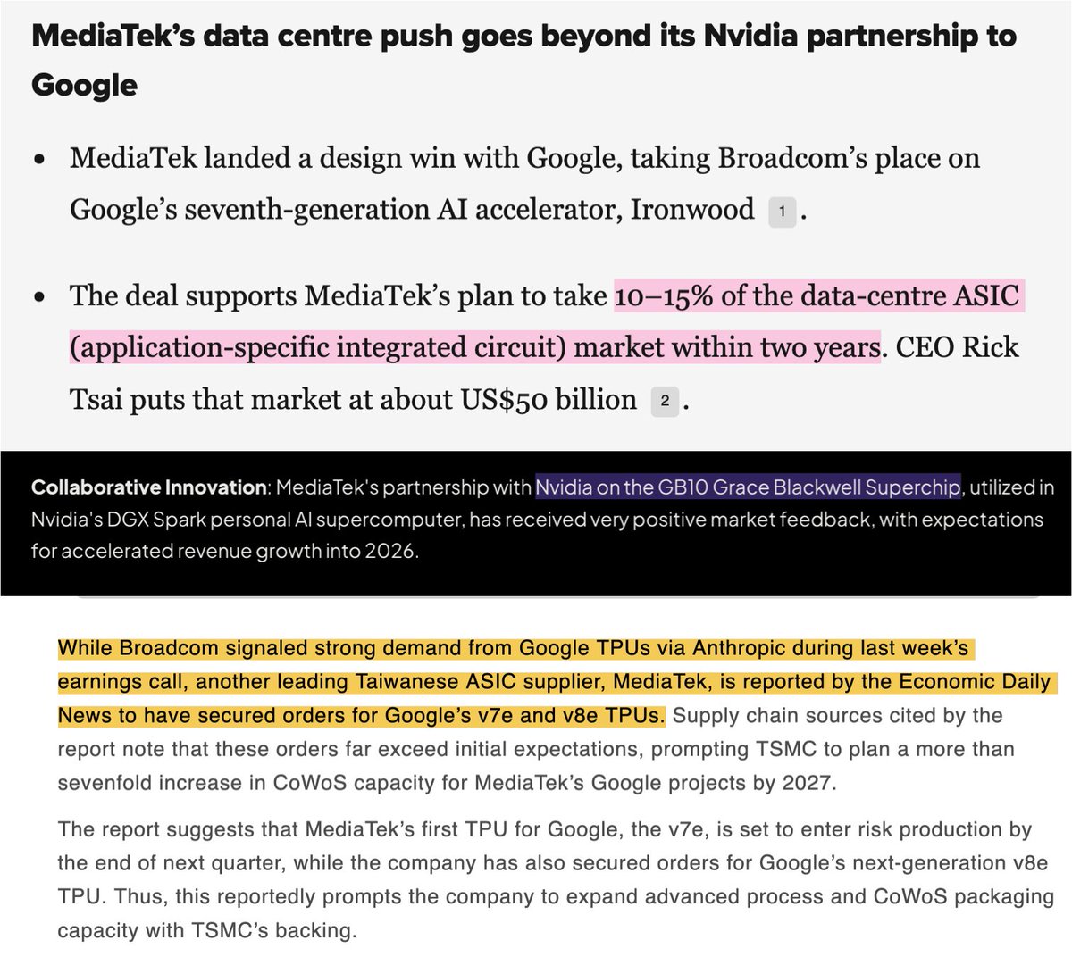 aleabitoreddit's tweet image. Mediatek is an interesting part of $GOOGL TPU ecosystem (TPU v7e and v8e).

And $NVDA Blackwell (eg. GB10 Grace design). 

They did make ambitious projections of 10–15% of the DC ASIC market back in 2025 vs. $AVGO. 

But given Google's $175-185B capex spend today, looks like…