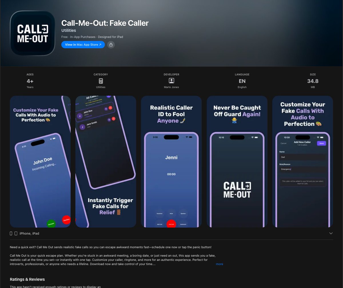 MarlotheDev's tweet photo. Just shipped my first Solo iOS app! 🎉 Call Me Out - a fake call app for escaping awkward conversations/Situations 😅 fixed 100+ bugs &amp; questioned my life choices. Pretty proud tho!
https://t.co/VLynFaVtkJ
#IOS #APP #BuildInPublic #iOSDev #ReactNative https://t.co/YOnESSEu7f