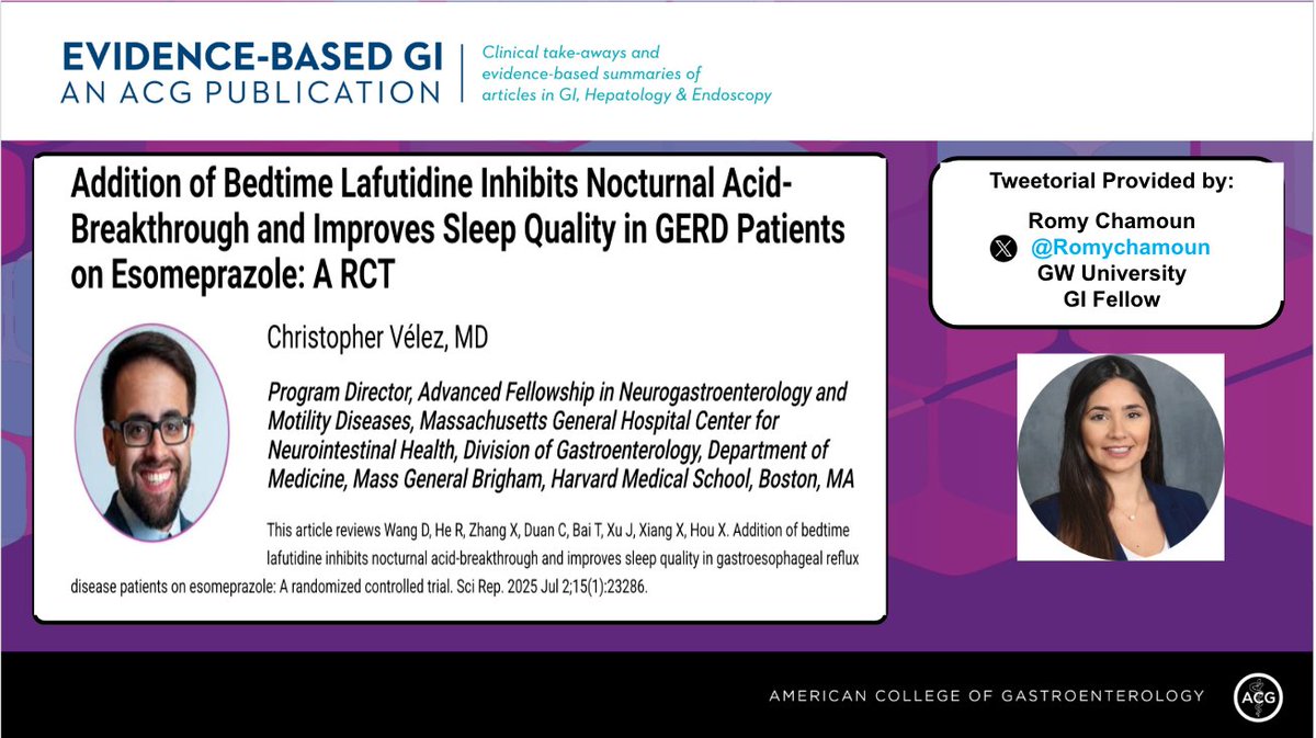 ACG_EBGI's tweet photo. 1/ ⏰for #EBGI Tweetorial🧵 w/ @RomyChamoun 

“Addition of Bedtime Lafutidine Inhibits Nocturnal Acid-Breakthrough and Improves Sleep Quality in GERD Patients on Esomeprazole: A RCT.”

📜Summary: https://t.co/WRKIEHwc67
📰Article: https://t.co/cS9CVRLFt2 https://t.co/03SlfEhwzB