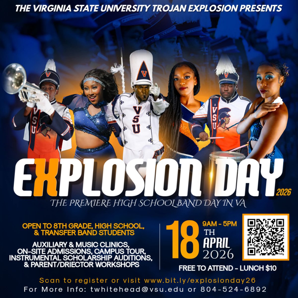 vsuband's tweet photo. Virginia State University’s Trojan Explosion proudly presents Explosion Day 2026. Join us for a dynamic day featuring music and auxiliary clinics, a parent/director workshop, instrumental scholarship auditions, and free on-site admissions for seniors.

https://t.co/hJvMqUBnfN https://t.co/aUjQPMV9JS
