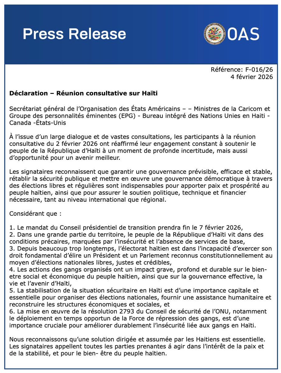 Déclaration – Réunion consultative sur Haïti

Secrétariat général de l’Organisation des États Américains – Ministres de la Caricom et Groupe des personnalités éminentes (EPG) - Bureau intégré des Nations Unies en Haiti - Canada -États-Unis

🔗 oas.org/fr/centre_medi…