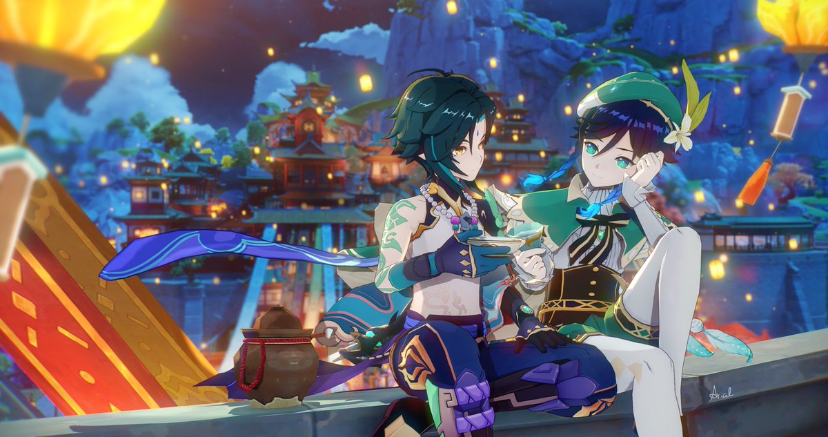 Arial_xd's tweet image. #xiaoven #Genshinlmpact 举杯邀明月
Happy Lantern Rite!!🎆🏮

They must have drunk together on the rooftop😇