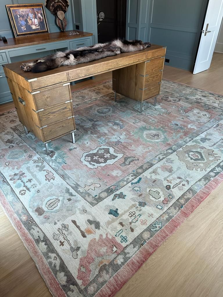 Softly aged handwoven wool rug with a relaxed vintage feel. Muted BEIGE, DUSTY ROSE, SOFT GREEN, and CHARCOAL GRAY tones blend easily with wood furniture and modern spaces, adding warmth without feeling heavy. #TurkishRugCo #OrientalRugs #DesignerRugs #HandKnottedRugs
