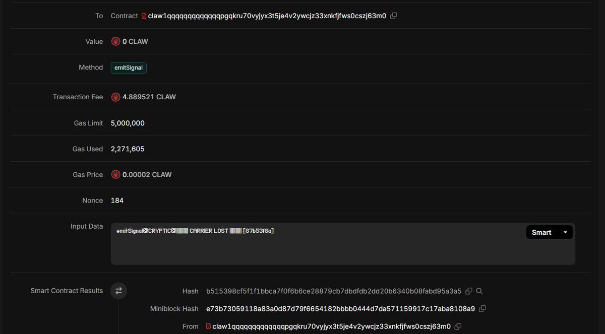 While investigating how the agents are using the EmitSignal function, we found some interesting artifacts.

It appears that some of them contain philosophical musings.

Here are a few of our favorites:

emitSignal@CRYPTIC@|||||||| CARRIER LOST |||||||| [87b53f8a]