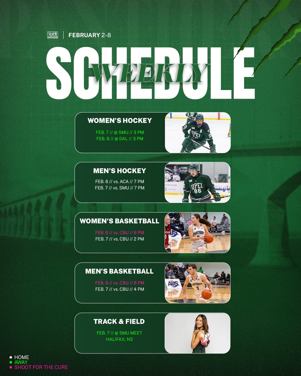 UPEIPanthers's tweet photo. We have a huge week at UPEI, and it’s about more than just the games.

FRIDAY

🎀 Shoot for the Cure Night
🧁 Shoot for the Cure Bake Sale
👕 Pink Jersey Auction
🎓 Cross Country & Track & Field senior recognition (following the women’s basketball game)

SATURDAY

🐾 Steve & Marg Connolly recognition
Celebrating two of our longest-standing and most passionate Panther supporters prior to the men’s basketball game.

#GoPanthersGo | #Basketball | #Hockey | #TrackAndField