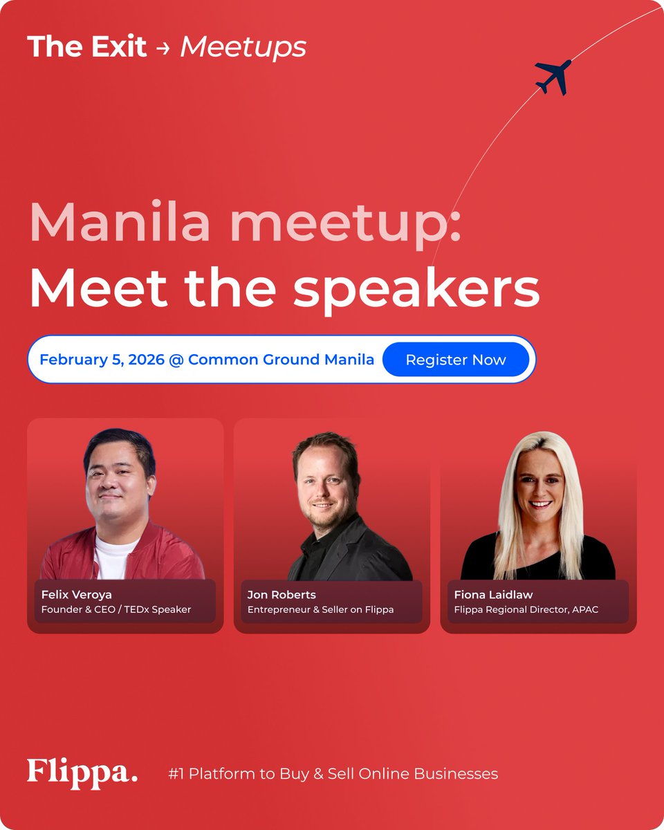 Flippa's tweet image. TONIGHT: The Exit Meetup Manila in Makati! 📢

We’re kicking things off at 6:00 PM sharp at Common Ground, 8 Rockwell.

✅ What to expect: Live panel discussion, Free drinks, Great networking. ✅ Last Chance👇 
flippa.com/the-exit-meetu…

#ManilaNetworking #TechManila #FinalCall
