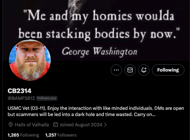 Got a Marine Grunt here who could benefit from connecting with more like-minded individuals. 

Can you help? 🫡

<a href="/BAMF5812/">CB2314</a>