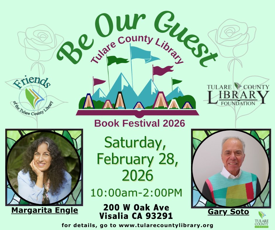 TulareCountyLib's tweet photo. You are invited to "Be Our Guest" at the 8th annual Tulare County Library Book Festival! 

Join us on Saturday, February 28 from 10am-2pm for authors, book sales, poetry, AND MORE!

For more info, visit:
https://t.co/eciOkdt5To

#TCBookFest #Visalia #TulareCounty https://t.co/t8ncZ2tUyf