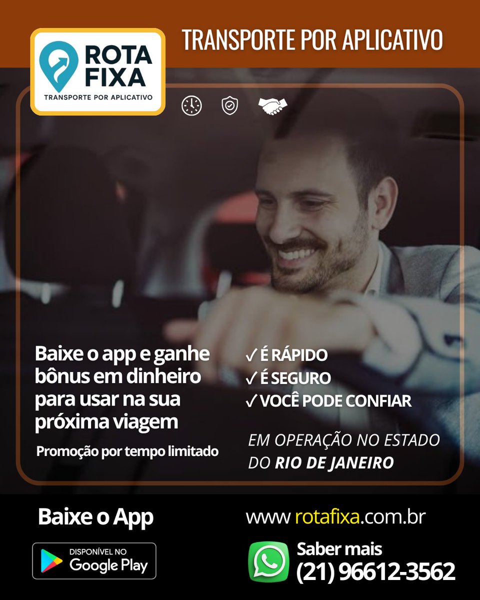 CHEGOU O ROTA FIXA. O aplicativo de transporte que funciona como a Uber, só que melhor. Economize em cada corrida. Viagens confiáveis do início ao fim. Respeito, qualidade e tranquilidade. Valor justo e transparente. Por que pagar mais se você pode viajar melhor?
Baixe o app