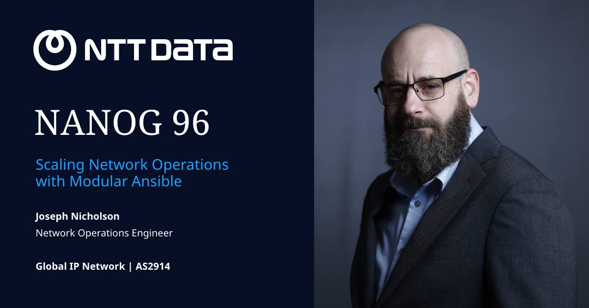 GinNTTnet's tweet photo. Our colleague Joseph Nicholson from our Global IP Network team will present in a few minutes at #NANOG96 in San Francisco. Watch it live at 4:45pm PT at https://t.co/rep6zHp0Ci. 

@nanog @nttdata_inc #nanog #globalipnetwork #AS2914 https://t.co/Rqm2mxPhnL