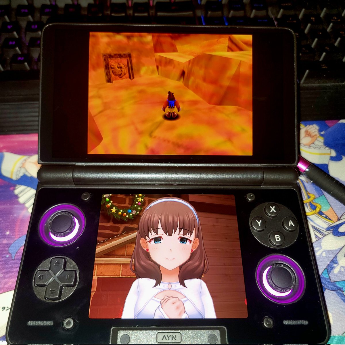 The_Chikafag's tweet image. Mayu bought me an Ayn Thor (with my credit card) so she can keep an eye on me on the bottom screen while I play games on the top screen.