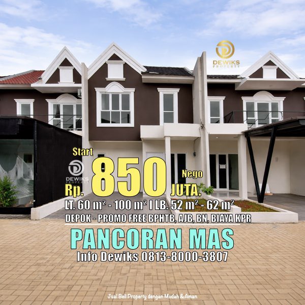 dewiksproperty's tweet photo. Dijual Rumah Cluster di Pancoran Mas Depok, Free Biaya. Info Dewiks 0813-8000-3807

Spesifikasi:
• LT : 60 m�� - 100 m²
• LB : 52 m² - 62 m²
• KT : 2
• KM : 2
• One Gate System, Security 24 Jam
• Free BPHTB, AJB, BN, Biaya KPR

Harga start Rp 850.000.000

#rumahdidepok https://t.co/am5BQqX9At