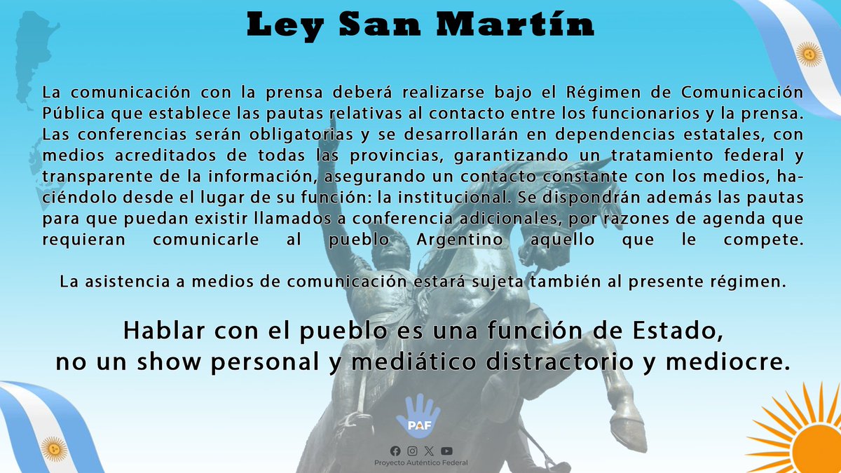 Textuales del Proyecto Auténtico Federal

Fragmento de los lineamientos de la Ley San Martín, que ordenará obligaciones de funcionarios jerárquicos, recuperando el Pueblo Argentino la legitimidad del estado bajo principios de representación REAL.
 
Vamos a levantar a esta Nación