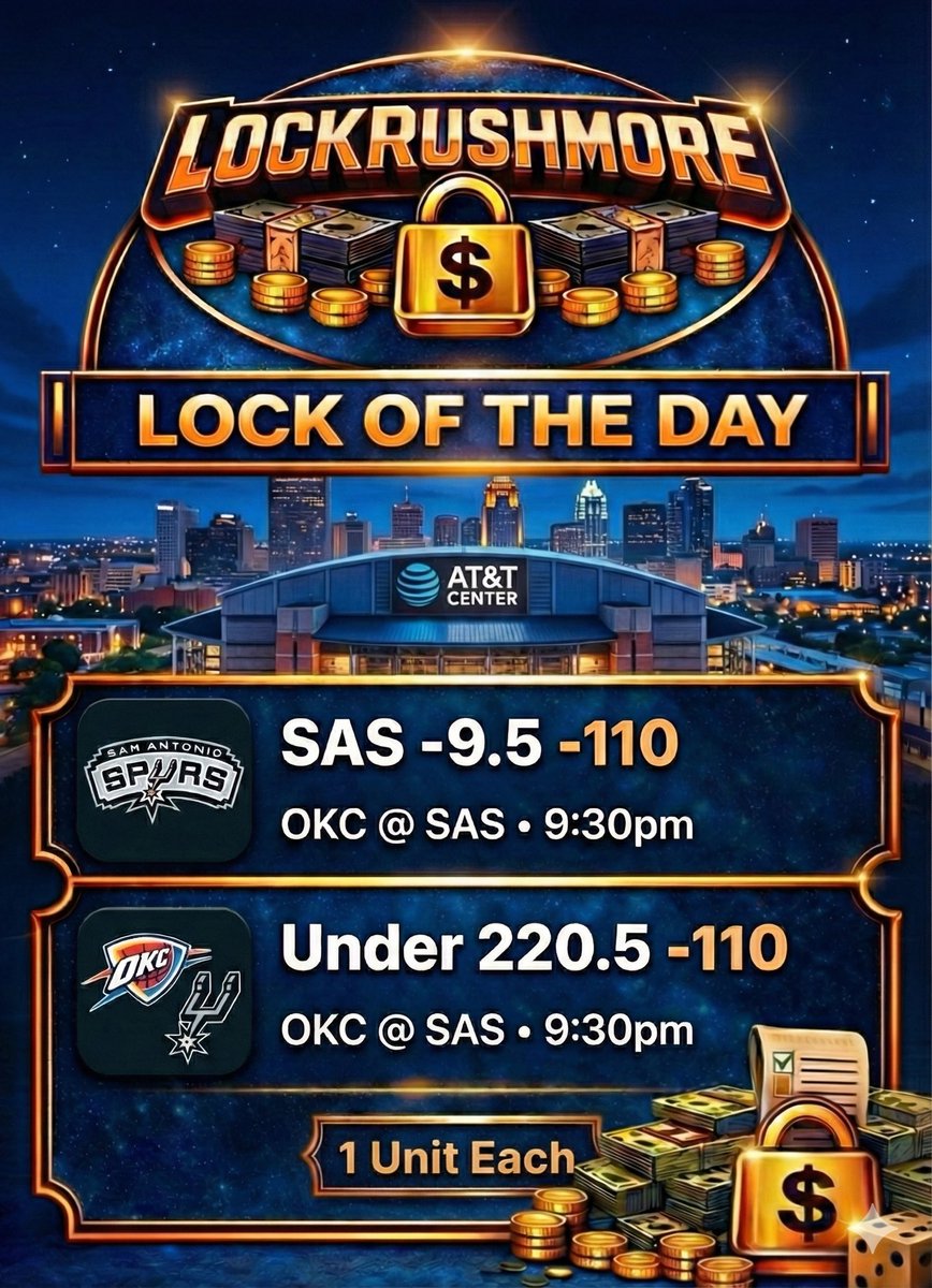 LockRushmore's tweet image. We got two separate LOCKS for you tonight 🚨‼️

The whole starting lineup is out for OKC. This line has flipped over 11 points in the Spurs favor, this game will be a blowout and Vegas knows it. 💨💨💨

With the whole lineup being out for OKC, they will struggle to have a…