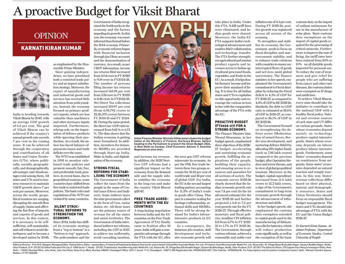KumarHcu's tweet photo. I am happy to share a piece of my article on the topic " A proactive budget for Viksit Bharat" published in The Daily Guardian English Newspaper @PMOIndia , @narendramodi, @AmitShah, @blsanthosh, @EduMinOfIndia, @FinMinIndia https://t.co/6F6YHDKlMU