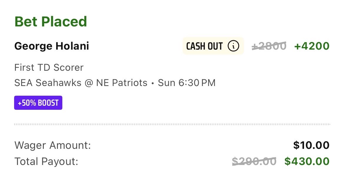 George Holani First TD +4200 💰 | 50% Boost Expires at 9PM ‼️ 

Another long shot for you guys.  With the 50% boost,  we are able to buy this at 2.3% implied probability.   

Holani led all conference championship RB's with 17 routes run &amp; that was after not playing for 2 months