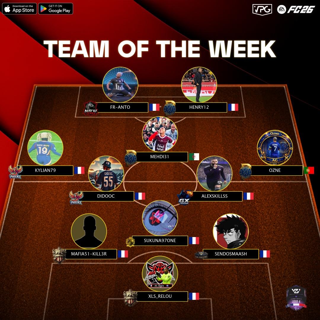 • VPG France

👤 Équipe de la semaine | TOTW
🏆 Ligue 4 A &amp; B
🗓️ Semaine 3

Félicitations aux nominés