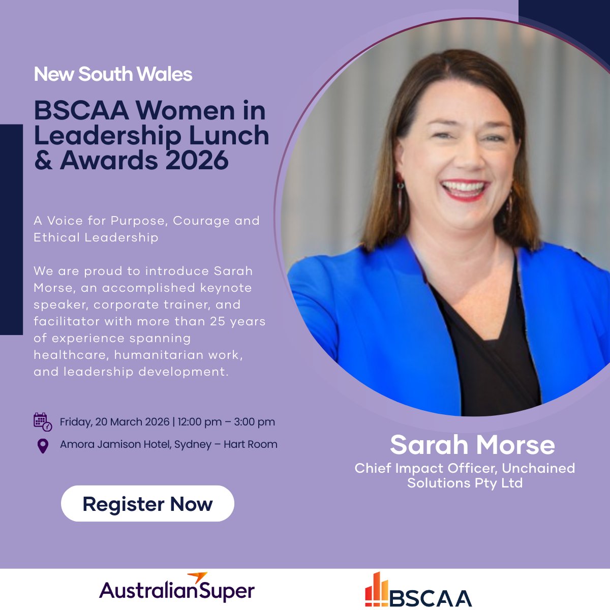 Sarah Morse, Chief Impact Officer at Unchained Solutions, will keynote the BSCAA Women in Leadership Lunch &amp; Awards – NSW. She’ll share insights on leading with purpose, courage &amp; values.

20 Mar 2026 | Sydney | Register: national.bscaa.com/event-6446064

#BSCAA #WomenInLeadership