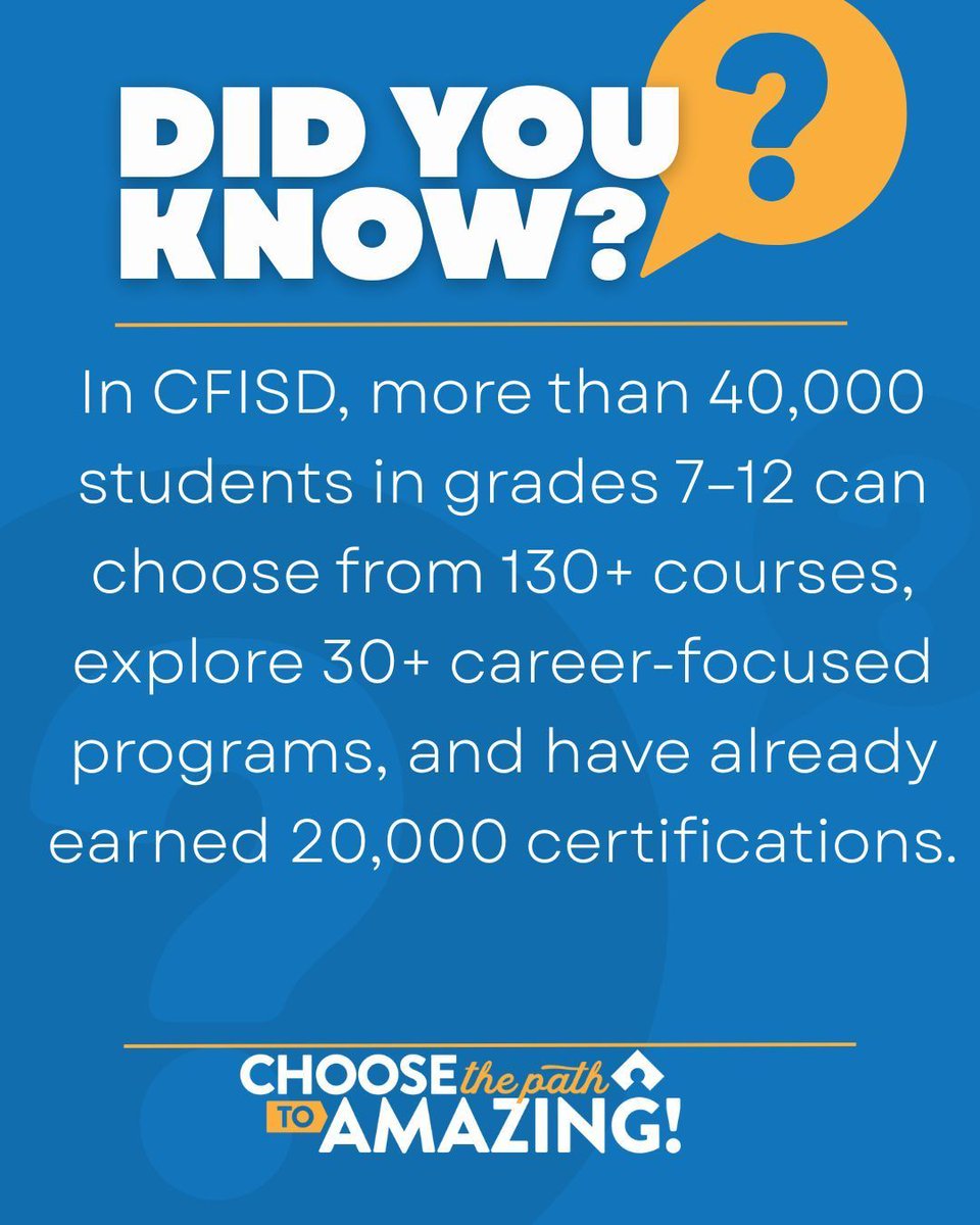 CyFairISD's tweet image. Did you know? February is CTE Awareness Month—and CFISD is leading students on the Path to Amazing through career-ready learning! Learn more here: buff.ly/yUijXdm @CFISDCTE #ChooseCFISD #CTEMonth