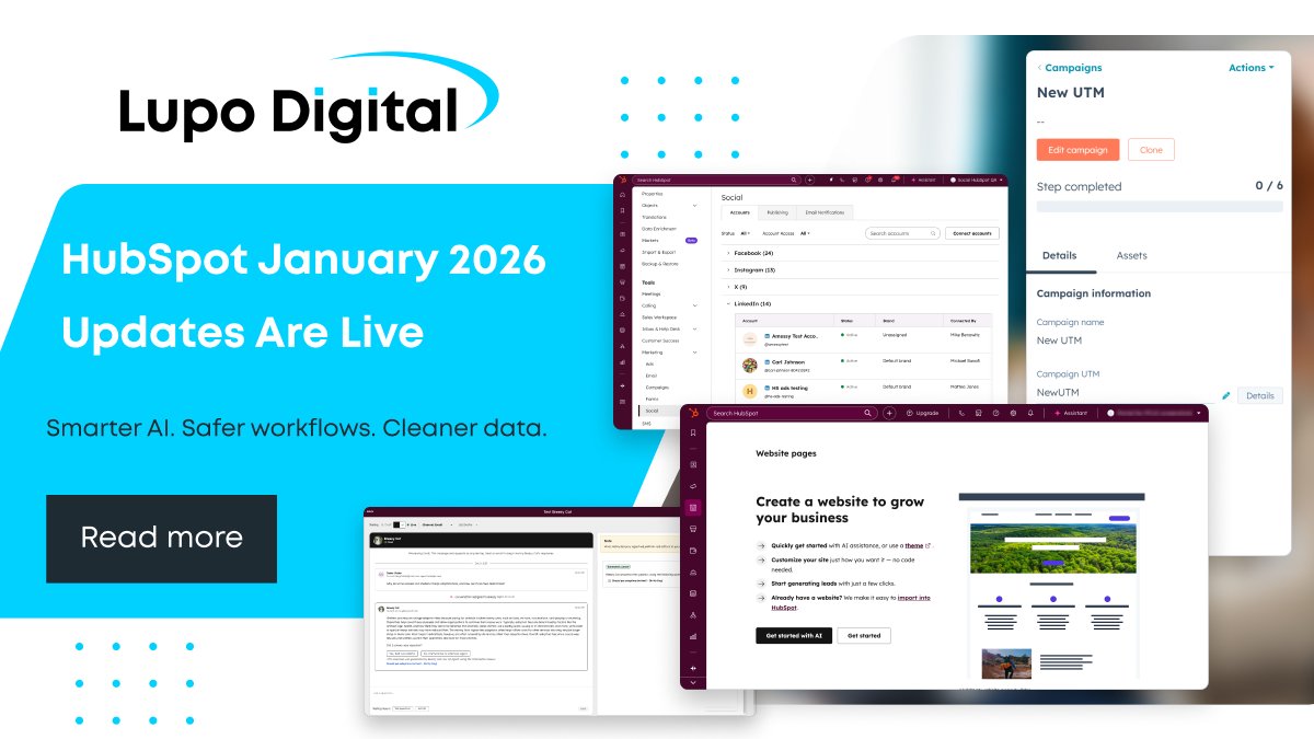 January’s HubSpot updates solve daily marketer headaches: editable Campaign UTMs, simpler social management, and scalable video via Descript with engagement data in HubSpot.

We’ve unpacked it all in our blog:hubs.li/Q041dQ040

#HubSpotMarketing