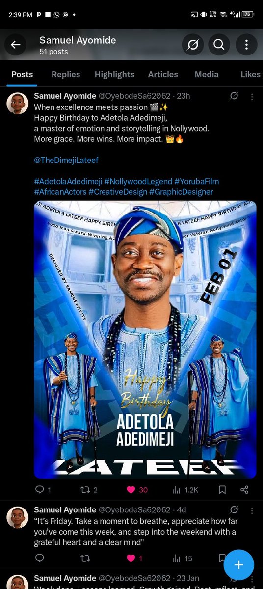 OyebodeSa62062's tweet photo. Grateful for the recognition 🙏✨

Honored that Lateef Adedimeji reposted and commented on my design.
This is motivation to keep creating with purpose and excellence. 🎨🎬

@TheDimejiLateef, Thanks for the recognition sir
#Grateful #DesignRecognition #LateefAdedimeji https://t.co/g06cYtSgfd