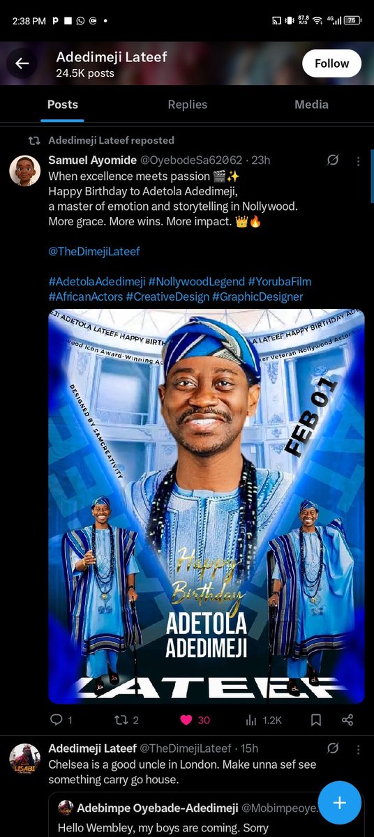 OyebodeSa62062's tweet photo. Grateful for the recognition 🙏✨

Honored that Lateef Adedimeji reposted and commented on my design.
This is motivation to keep creating with purpose and excellence. 🎨🎬

@TheDimejiLateef, Thanks for the recognition sir
#Grateful #DesignRecognition #LateefAdedimeji https://t.co/g06cYtSgfd