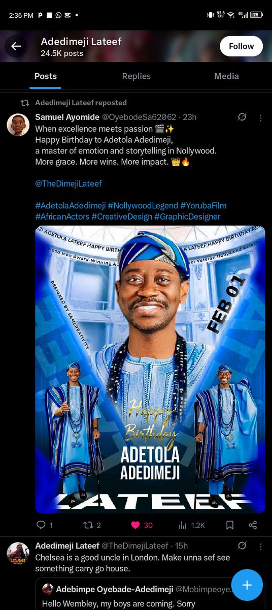 OyebodeSa62062's tweet photo. Grateful for the recognition 🙏✨

Honored that Lateef Adedimeji reposted and commented on my design.
This is motivation to keep creating with purpose and excellence. 🎨🎬

@TheDimejiLateef, Thanks for the recognition sir
#Grateful #DesignRecognition #LateefAdedimeji https://t.co/g06cYtSgfd