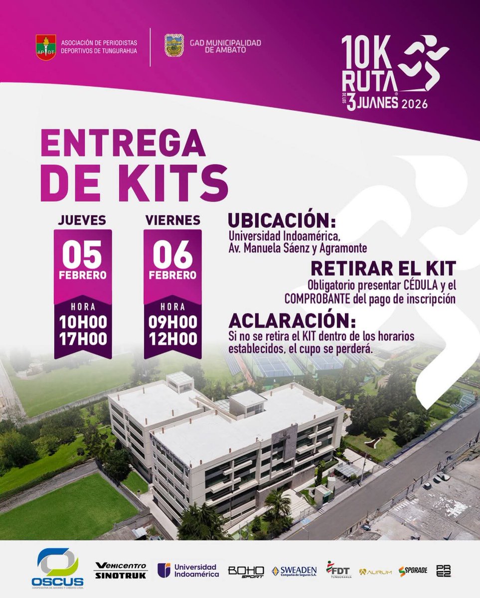 🏃‍♀️🏃‍♂️ Cada paso nos acerca a la meta

📦 Entrega oficial de kits
10K Ruta de los Tres Juanes 2026

📍 Universidad Indoamérica
📅 Jueves 05 y viernes 06 de febrero
⏰ Horarios establecidos

⚠️ Recuerda traer tu cédula

👉 Retira tu kit a tiempo y vive esta experiencia……