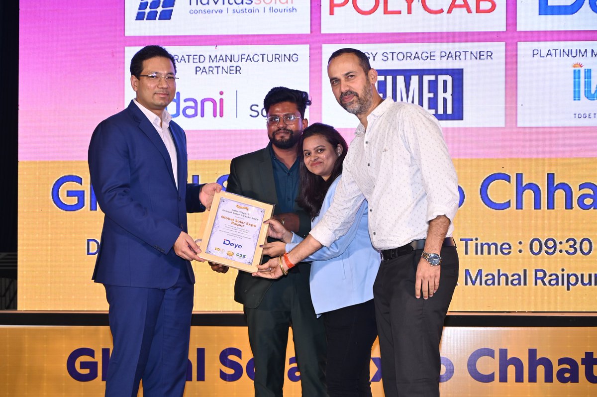 Deye_Inverter__'s tweet image. Thrilled to share that Deye won Solar Battery and Energy Storage Company of the Year at Raipur - Global Solar Expo CG &amp;amp; summits by EQ Mag (Jan 12–13, 2026). 🏆⚡
Grateful for this recognition as we keep powering India’s clean energy transition.
#Deye #EnergyStorage #SolarAwards