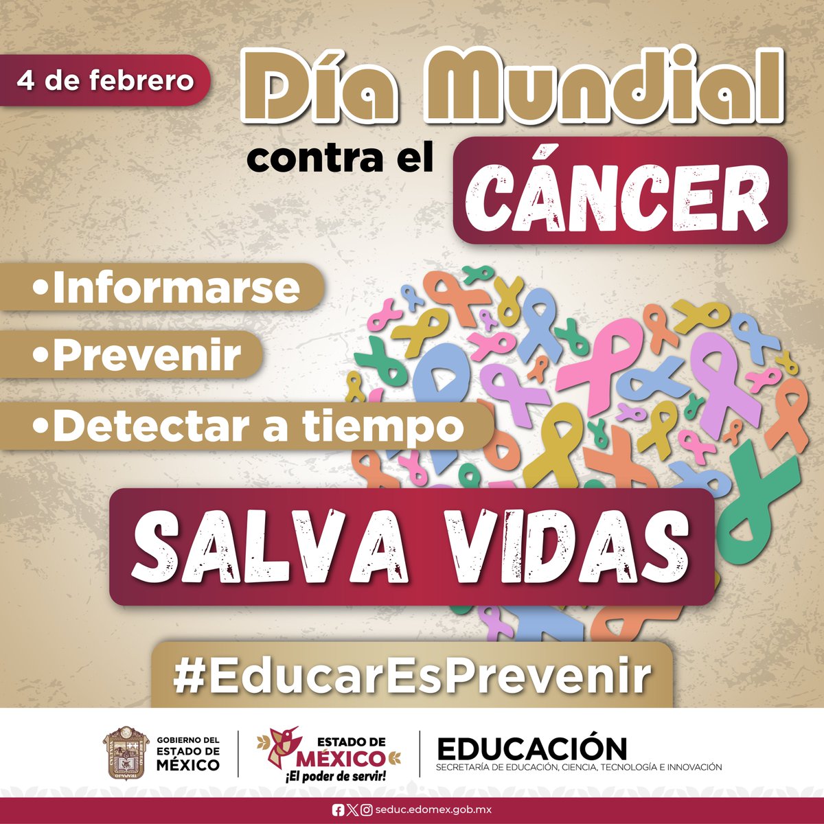 SEB_Edomex's tweet photo. 🎗️ La prevención comienza con el autocuidado.
Informarte y atenderte a tiempo puede salvar tu vida. 💛
Hoy reforzamos la importancia de cuidar nuestra salud.

#DíaMundialContraElCáncer #EducarEsPrevenir #AprendamosEnComunidad https://t.co/FTWDFvsaTP