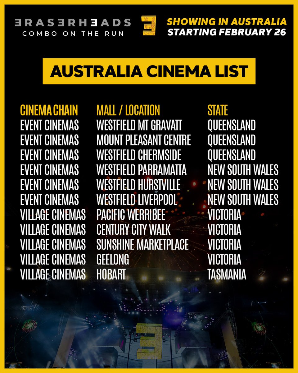 Eraserheads: Combo On The Run will be screening in select Australian cities starting February 26! Check out the list of cinemas so far.

Get your tickets in advance.

🎟 Tickets (AU): mytfc.com/theaters/ehead…
🎟️ Tickets (NZ): mytfc.com/theaters/ehead…

#EheadsComboOnTheRun #TFC