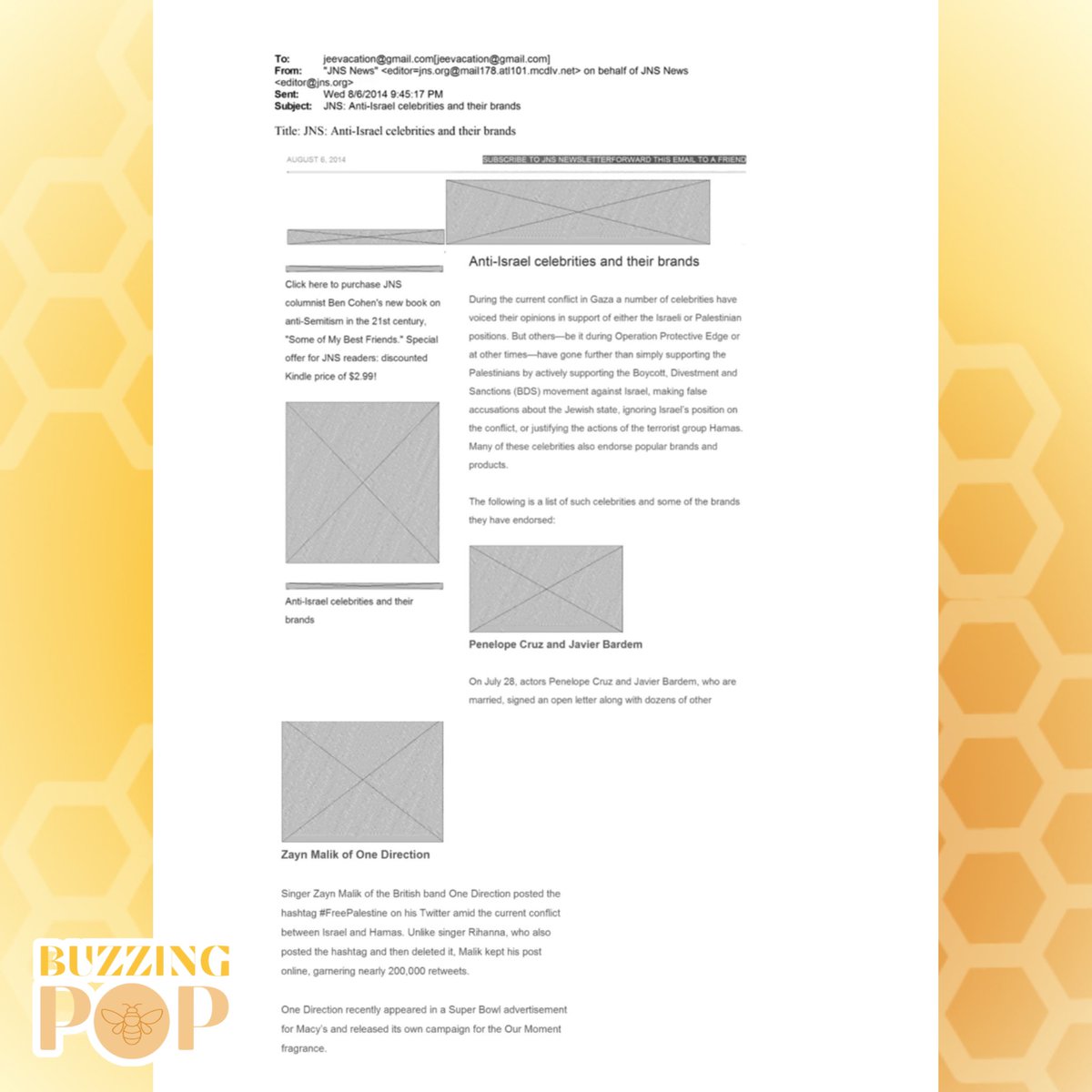 BuzzingPop's tweet image. ZAYN, Penelope Cruz, Javier Bardem, Stevie Wonder, among others, are named in Epstein files as "anti-Israel celebrities" in a 2014 JNS email. (via US Department of Justice)
