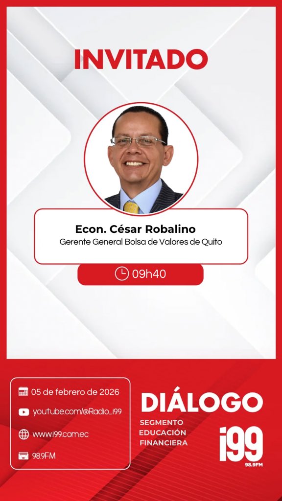 🎙️ Te presentamos a los invitados de Diálogo.

🕖 07h00 - <a href="/YuriColoradoM/">Yuri Colorado Márquez</a> 
🕣 08h15- Walter Spurrier Baquerizo 
🕣 09h00 - <a href="/estebansantosl/">Esteban Santos L.</a> 
🕣 09h40 - Econ. César Robalino 

#SintonizaLa98.9FM #DiálogoEnVivo
📻 ¡No te lo pierdas!