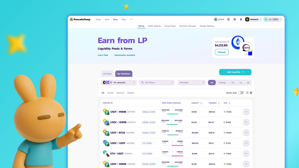 PancakeSwap's tweet photo. The LP experience just got even better on PancakeSwap 😌

My Positions has been upgraded to make it easier to track your LP positions, with improved visibility into rewards and performance 💨

Peep the update → https://t.co/njjQtBvcVQ https://t.co/phvWvN89Mb