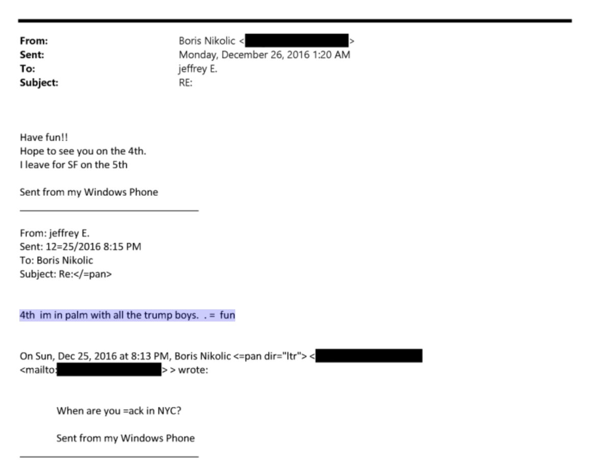 Boris Nikolic: When are you back in NYC?

Epstein: 4th im in palm with all the trump boys. .   fun

Email from December 25, 2016.