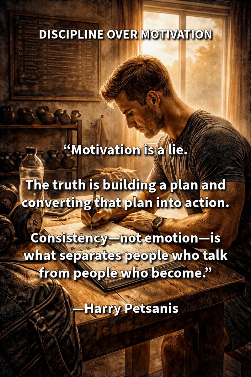 harrypetsanis's tweet photo. Accountability & Discipline—Discipline Over Motivation with Harry Petsanis
Why Discipline Beats Motivation
Motivation fades—plans and consistent execution create results, because consistency separates talkers from achievers.
#DisciplineOverMotivation #ExecutionMindset
#ConsistencyWins #AccountabilityCoaching
—Harry Petsanis