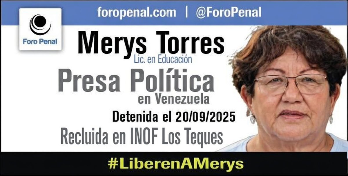 𝗠𝗲𝗿𝘆𝘀 𝗣𝗲𝗿𝗳𝗲𝗰𝘁𝗮 𝗧𝗼𝗿𝗿𝗲𝘀 𝗱𝗲 𝗦𝗲𝗾𝘂𝗲𝗮, de 71 años, es educadora y reside en el estado Bolívar. Es madre del Capitán Antonio Sequea, preso político quien cumple una condena de 24 años de prisión en el Centro Penitenciario El Rodeo I por hechos vinculados a la