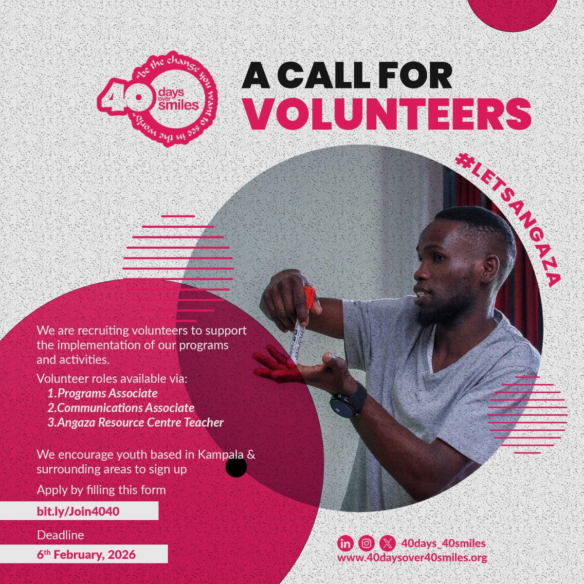 40days_40smiles's tweet image. Do you have what it takes..? Do apply to be part of the change.

📅 Deadline: 6th February, 2026
📌 Apply now via; bit.ly/Join4040