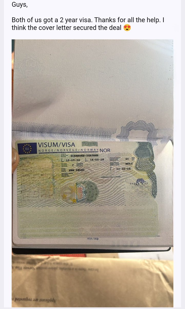 Kenu73's tweet photo. Well, as you have already seen mine. Here comes another Banger and this time its Norway, this is the second visa with us, his most recent relevant visa was in 2025 i.e last year and this year he again came to us. 

Not eligible under cascade, one of the nordics country (strictest) but his application,  his history was solid. 

Result - 2 years Schengen visa.