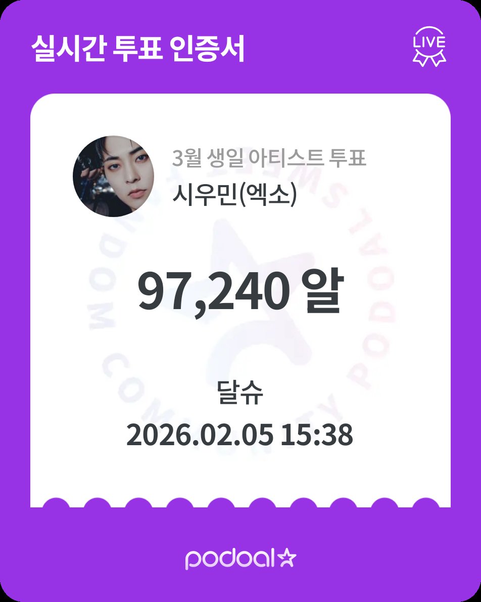 🍇 포도알 (PODOAL)
2026.01.22 ~ 2026.02.05
3월 생일 아티스트 투표
시우민(엑소)에게 총 97240포도알 투표했어요❤
우리 같이 응원해볼까요?😍

podoal.io/app/fandings/4…