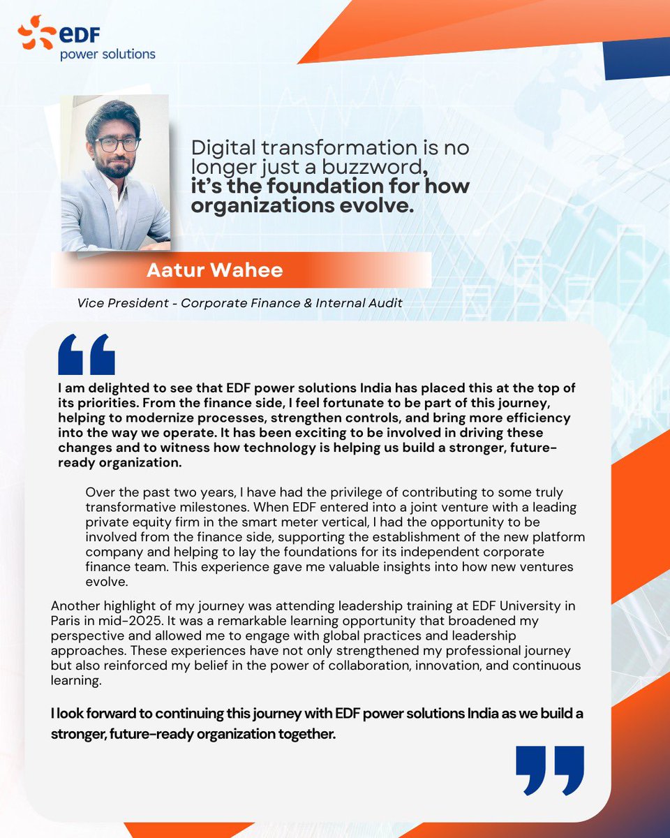 EDF_REIndia's tweet photo. Digital transformation is not just about technology—it’s about mindset and impact. Our VP – Corporate Finance &amp; Internal Audit Mr. Aatur Wahee shares a perspective on driving change across the organisation.

#EDFpowersolutions #Digitaltransformation #finance #career #energy https://t.co/FUYZOYrcbc